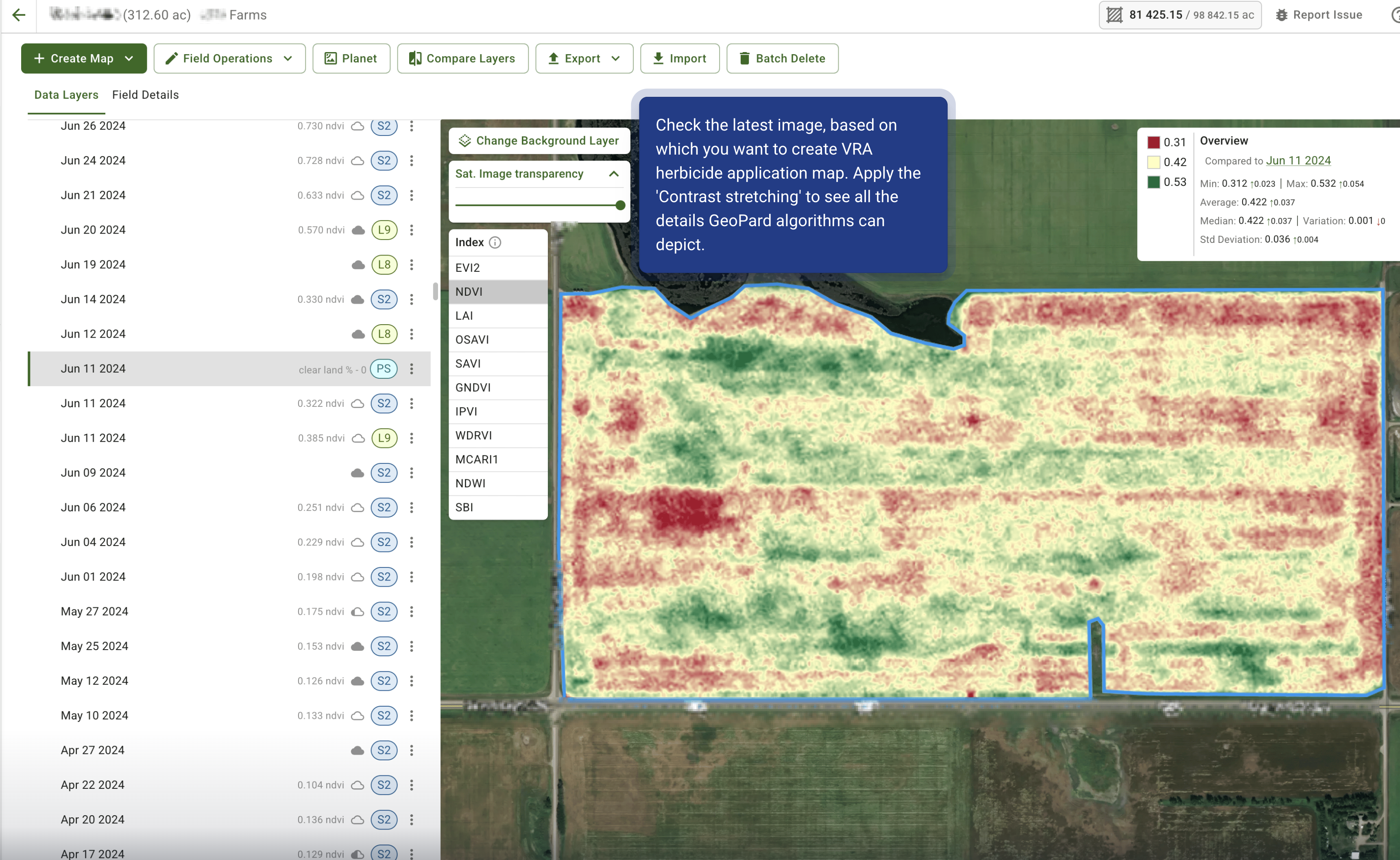 Planet labs imagery with applied contrast WDRVI index in GeoPard